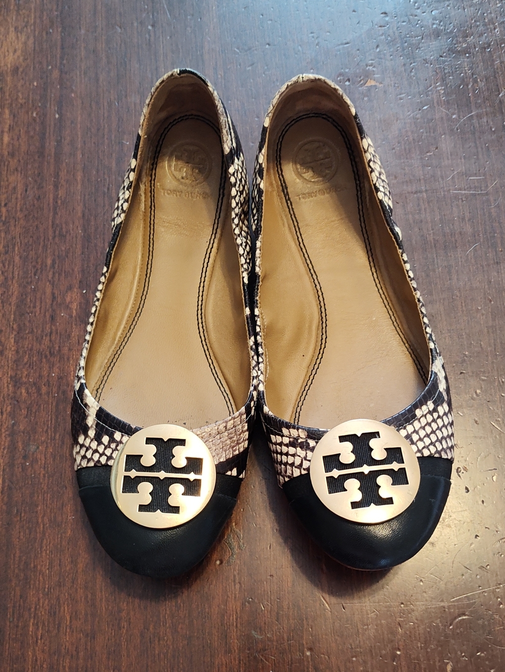 Tory Burch Animal Print Gold Medallion Flats